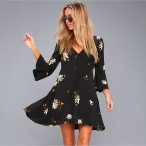 FREE PEOPLE Black Time On My Side Black Floral Flowy Wrap Mini Dress - Small-EUC